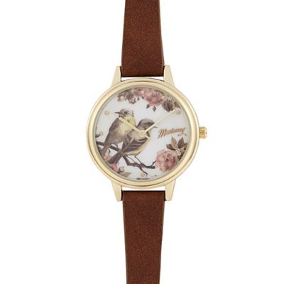 Brown floral bird dial watch